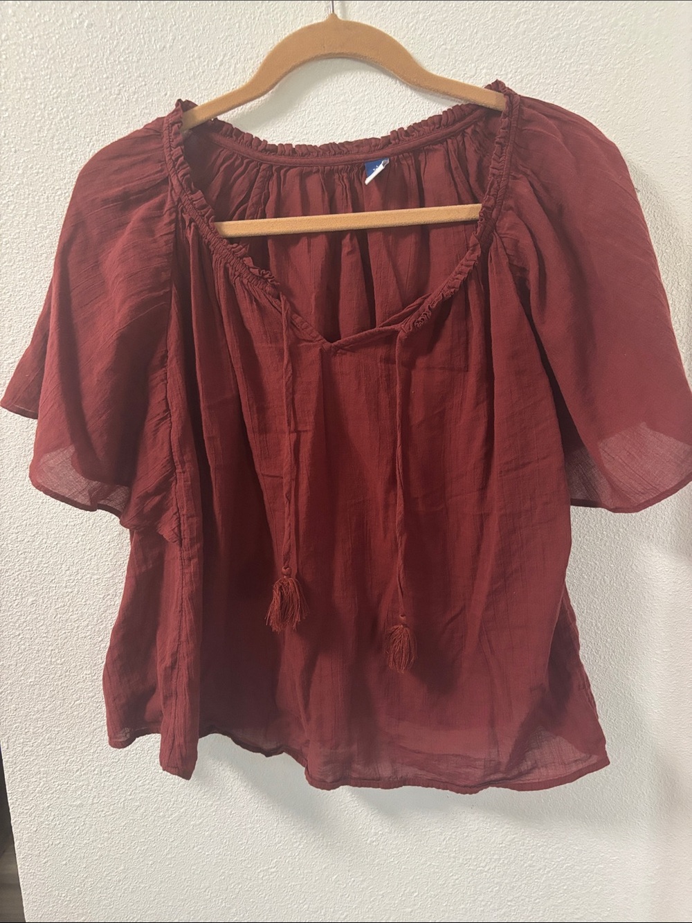 Old Navy Rust Red Peasant Blouse with Tassel Ties